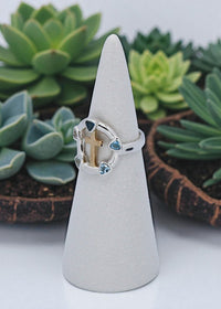 Thumbnail for Silver ring with gemstones on a white stand with succulents in the background